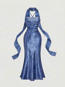 SHEIN MOD Blue Floral Jacquard Dreamy Romantic Draped Neck Mermaid Dress With Tie – Date, Party, Women's Summer And Spring Wear, Spring Break, Vacation, Picnic, Festival, Birthday Outfit - Blue - View 2