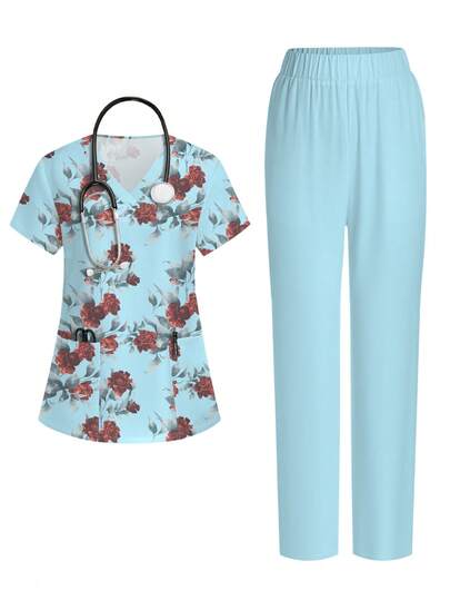 PopScrub Bộ đồng phục y tá mùa xuân/hè gồm áo sơ mi ngắn tay cổ chữ V in họa tiết hoa hồng, có túi và quai đeo tai, thiết kế xẻ tà, gồm 2 mảnh dành cho nữ, quần màu xanh nhạt, bộ đồ thường ngày.