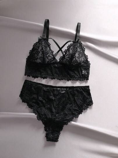 大码女士花卉蕾丝边交叉蝴蝶结内衣套装
