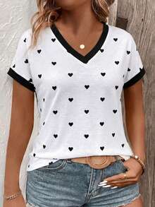 EMERY ROSE New Fashion Casual Versatile Contrast Color Collar Heart V-Neck Short Sleeve T-Shirt For Women - Multicolor - View 4