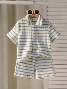 SHEIN 男童条纹针织衫短裤两件套 - 藍色 - 查看 1