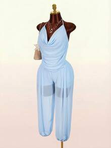 2026 New Deep V-Neck Casual Vacation Lantern Pants Jumpsuit For Women - Blue - View 8