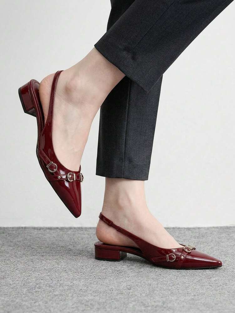 CUCCOO BIZCHIC Women Shoes Pointed Thick Heel Burgundy Buckle Sexy Fashion Elegant With Skirt Daily Versatile Banquet Party Women Flat Shoes Slingback Shoes
