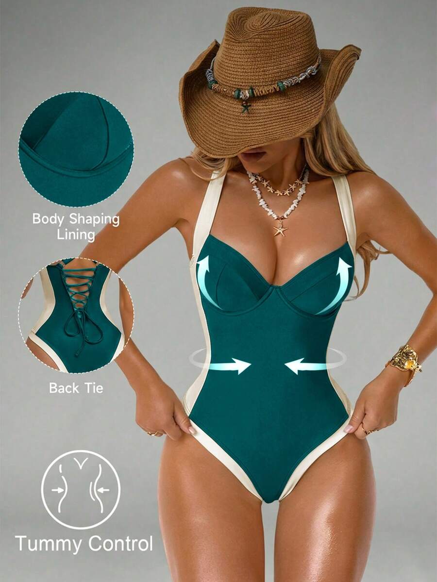 Shapewave 女士收腹连体泳衣，侧边拼接，聚拢，显瘦，棕色和米色 - 水鴨藍 - 查看 1