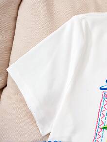 SHEIN Tween Girls T-Shirt Set,Fresh Lemon Print White Short-Sleeve Tee & Blue And White Checkered Wide-Leg Pant,Summer Cute Family Matching 2pcs Outfit - Multicolor - View 3