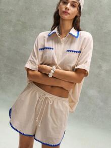 Bohemela Bộ 2 món áo và quần short dệt kim dáng rộng thoải mái dành cho nữ - Màu be - Xem 6