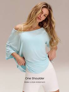 GLOWMODE Modal Silky Smooth Asymmetrical Hem Off-Shoulder 3/4 Sleeve Active Tee T-Shirt Daily Casual Wear - Baby Blue - View 3