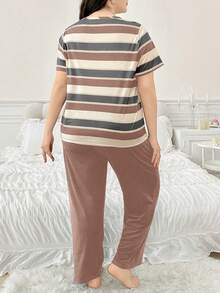 Contrast Color Striped Print Short Sleeve & Long Pants Plus Size Pajama Set - Multicolor - View 2