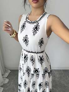 Selianne Damen modisches bedrucktes Kleid mit rundem Ausschnitt, ärmellos, tailliert, romantisch, elegant, Lässig, für Büro, Date, Party, Dinner, Frühling/Sommer - Verschiedenfarbig - Übersicht 6