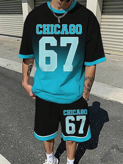 Manfinity EMRG Men's Retro Contrast Color 67 Chicago Graphic Print Round Neck Short Sleeve Casual T-Shirt And Drawstring Waist Shorts Set