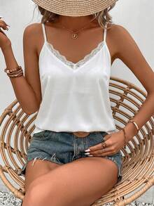 EMERY ROSE Camiseta de tirantes de talla grande para mujer con parches de encaje de unicolor - Albaricoque - Ver 10