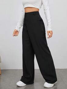 EURMUSE Petite Petite Größe Damen Highwaist schwarze einfarbige lange Lässig Hose mit Taschenelementen - Schwarz - Übersicht 3