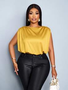 SOLERSUN Women's Plus Size Spring Summer Fashion Solid Color Elegant Casual Simple Daily Wear Ruched Sleeveless Satin Shirt Casual Daily Wear Women Blouse - Yellow - View 5