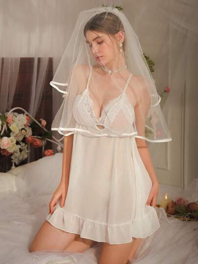 Women's Summer Mesh Contrast Lace Ruffle Hem Camisole Nightgown