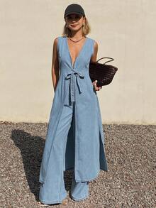 DAZY Bộ đồ denim dài dáng suông cổ chữ V buộc dây kiểu dáng nghỉ mát dành cho nữ mùa hè - Màu xanh lam - Xem 4