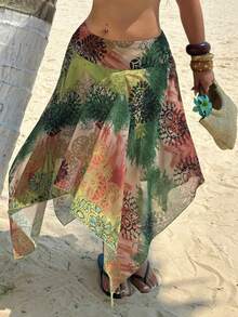 Sunnyshic Plus Size Vintage Asymmetrical Hem Mesh Skirt, Spring/Summer - Multicolor - View 3