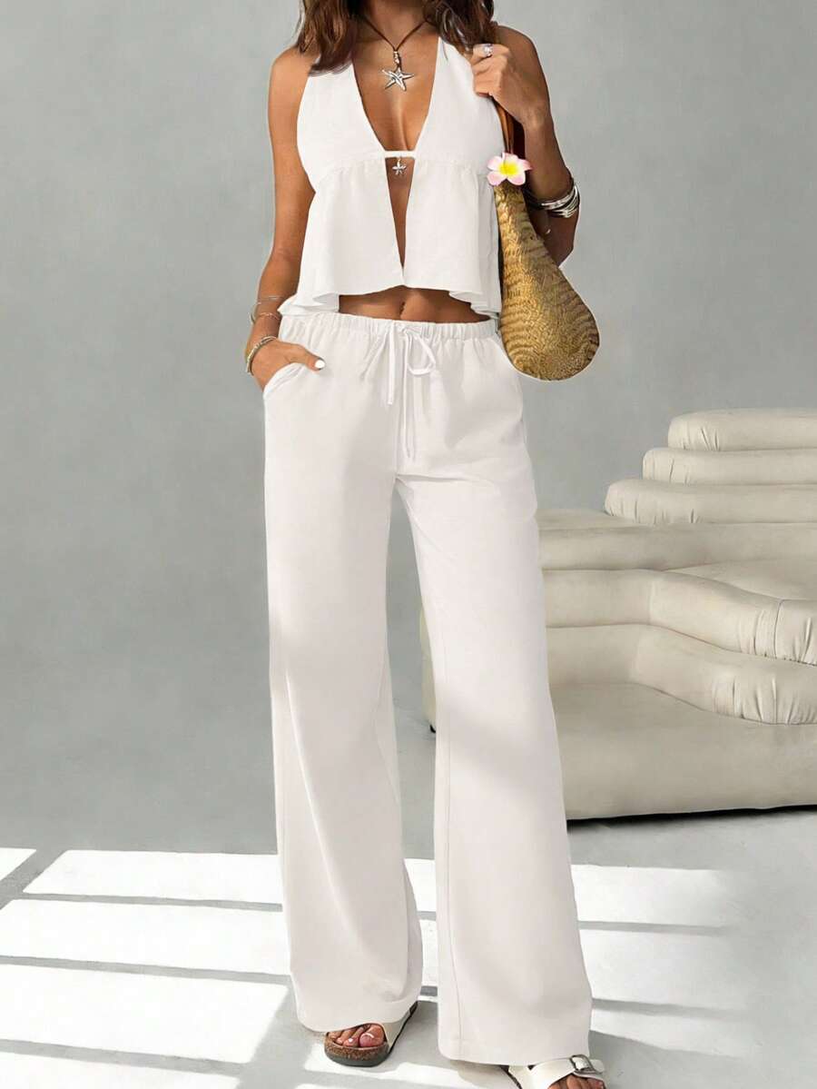 SHEIN EZwear 女款白色夏季休閒度假兩件套,編織掛脖上衣與寬腿褲,聖托里尼希臘度假風套裝,早午餐穿搭套裝 - 白色 - 查看 1
