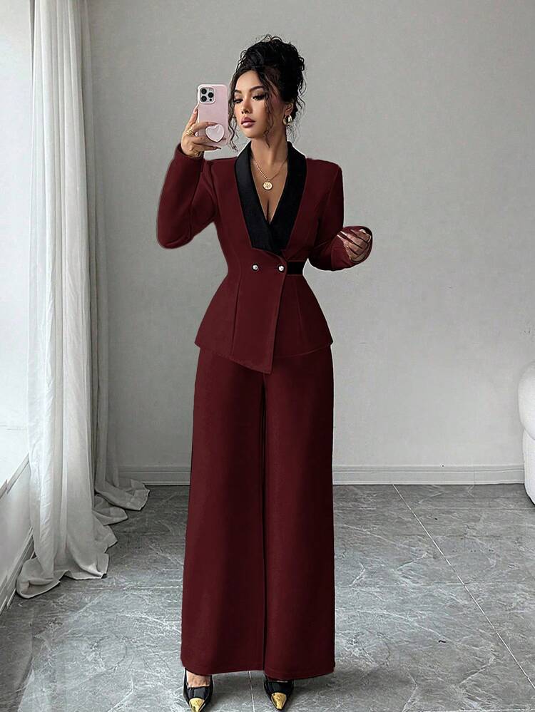 Rafferiza Women's Contrast Color Collar Waist Jacket And Pants