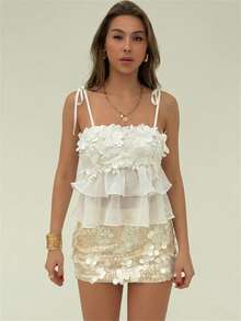 Aloruh 女士优雅3D立体花卉装饰雪纺上衣，纯杏色 - 杏色 - 查看 2