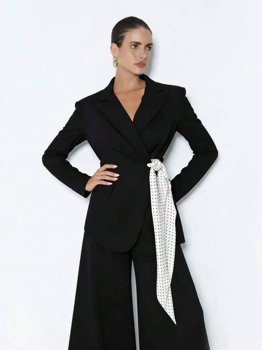 RiviMae Women's Casual Blazer Jacket With Side Waist Polka Dot Twist Design Tailored Suits For Women Ladies Suits Suit For Woman Women's Suits Business Professional Clothes Women - Black - View 1