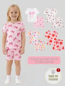 SHEIN [5-Set Random Delivery 2-Set] Baby Girls' Short Sleeve Pajama Set, Summer Thin Knit Fabric, Heart, Flower, Bow, Bear Print, Comfortable Tight Fit Round Neck Tee And Shorts Sleepwear Set - Multicolor - View 5