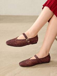 MOTF PREMIUM 女士舒适百搭方头玛丽珍平底鞋，适合通勤和休闲穿着 - 復古紅色 - 查看 4