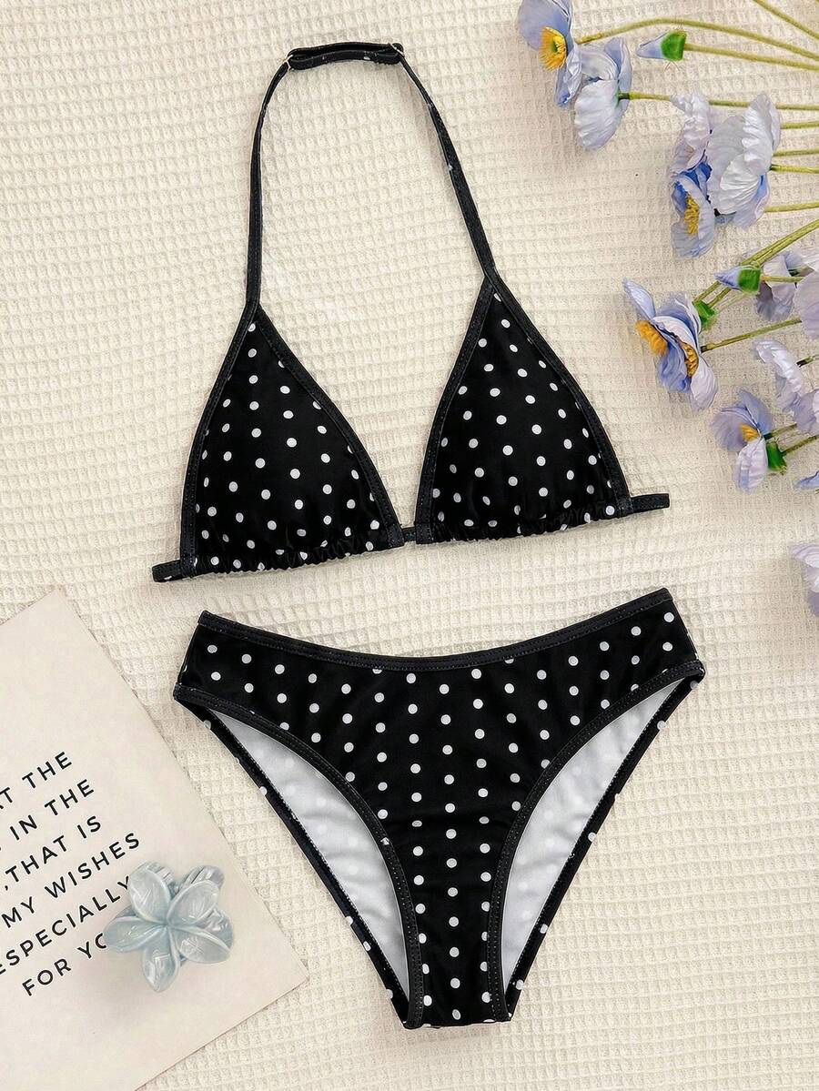 SHEIN Conjunto de bikini con tirantes de espagueti con estampado floral vintage para adolescentes, conjunto de bikini de triángulo con textura de punto de color albaricoque, decoración de concha de cuello halter para traje de baño de playa de verano - Blanco y Negro - Ver 1
