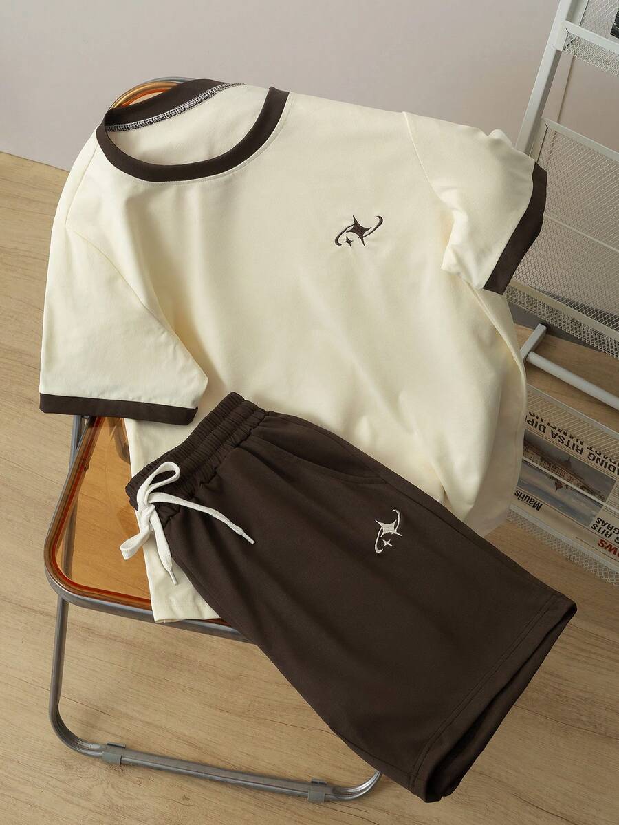 Manfinity Joysei Men's Casual Star Embroidery Trim Short Sleeve T-Shirt And Shorts Set, Summer - Beige - View 1