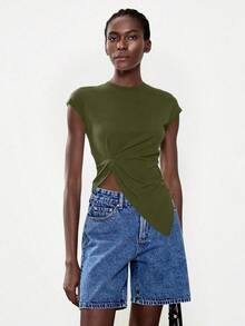Lumivelle Camiseta blanca elegante y minimalista para mujer, adecuada para el uso diario, de moda y versátil - Verde militar - Ver 6