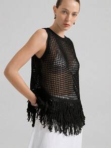 Ontre 2026春夏新款波西米亚风女装，流苏下摆镂空无袖针织背心，亚麻套头针织吊带衫，V领设计度假风女装，乡村音乐节波西米亚风服装 - 黑色 - 查看 5