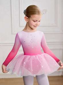 SHEIN Áo liền quần in họa tiết đính đá cho bé gái, váy múa ba lê bằng vải tuyn dành cho trường học/thi đấu, bộ đồ liền thân múa ba lê dễ thương với chân váy phồng đính sequin cho trẻ em. - Hồng - Xem 1