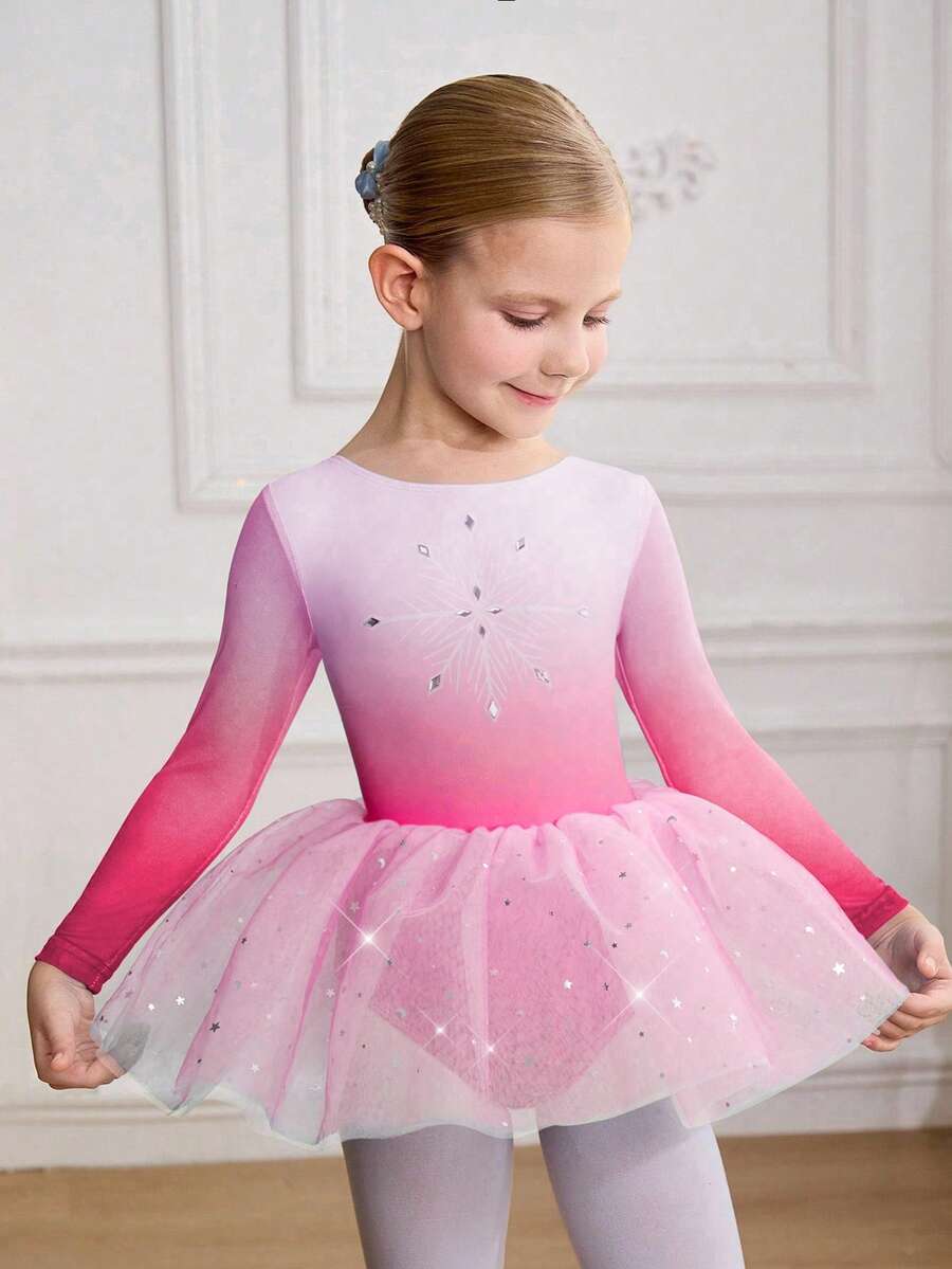 SHEIN Áo liền quần in họa tiết đính đá cho bé gái, váy múa ba lê bằng vải tuyn dành cho trường học/thi đấu, bộ đồ liền thân múa ba lê dễ thương với chân váy phồng đính sequin cho trẻ em. - Hồng - Xem 1