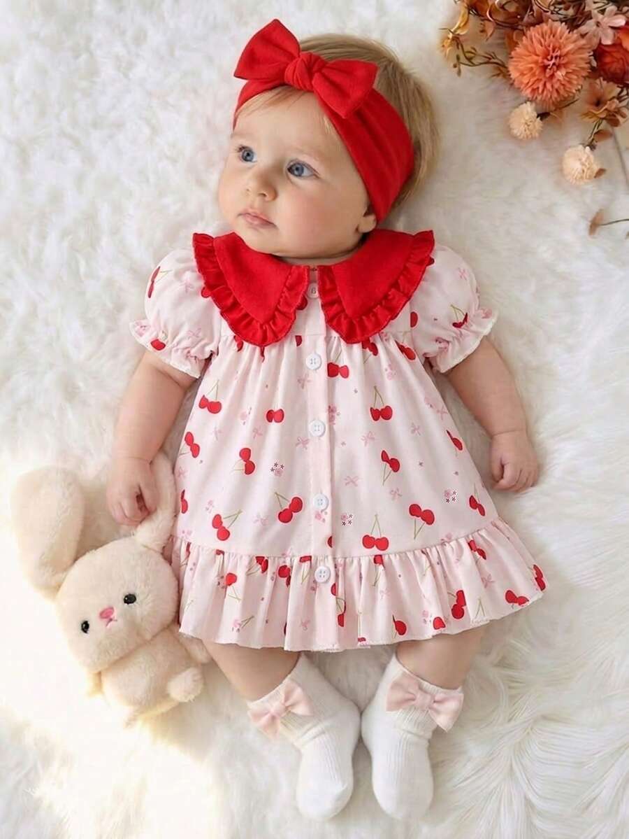 SHEIN Newborn Cute Cartoon Heart Pattern Suspender Bow Decor Princess Dress, Suitable For Spring/Summer Outings, Vacations And Parties - Brown - View 1