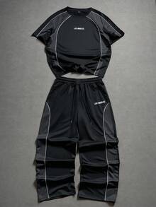 PAVTROS Conjunto de camiseta de verano casual holgada de manga corta con cuello redondo y hombros caídos de color contrastante para hombres - Multicolor - Ver 3