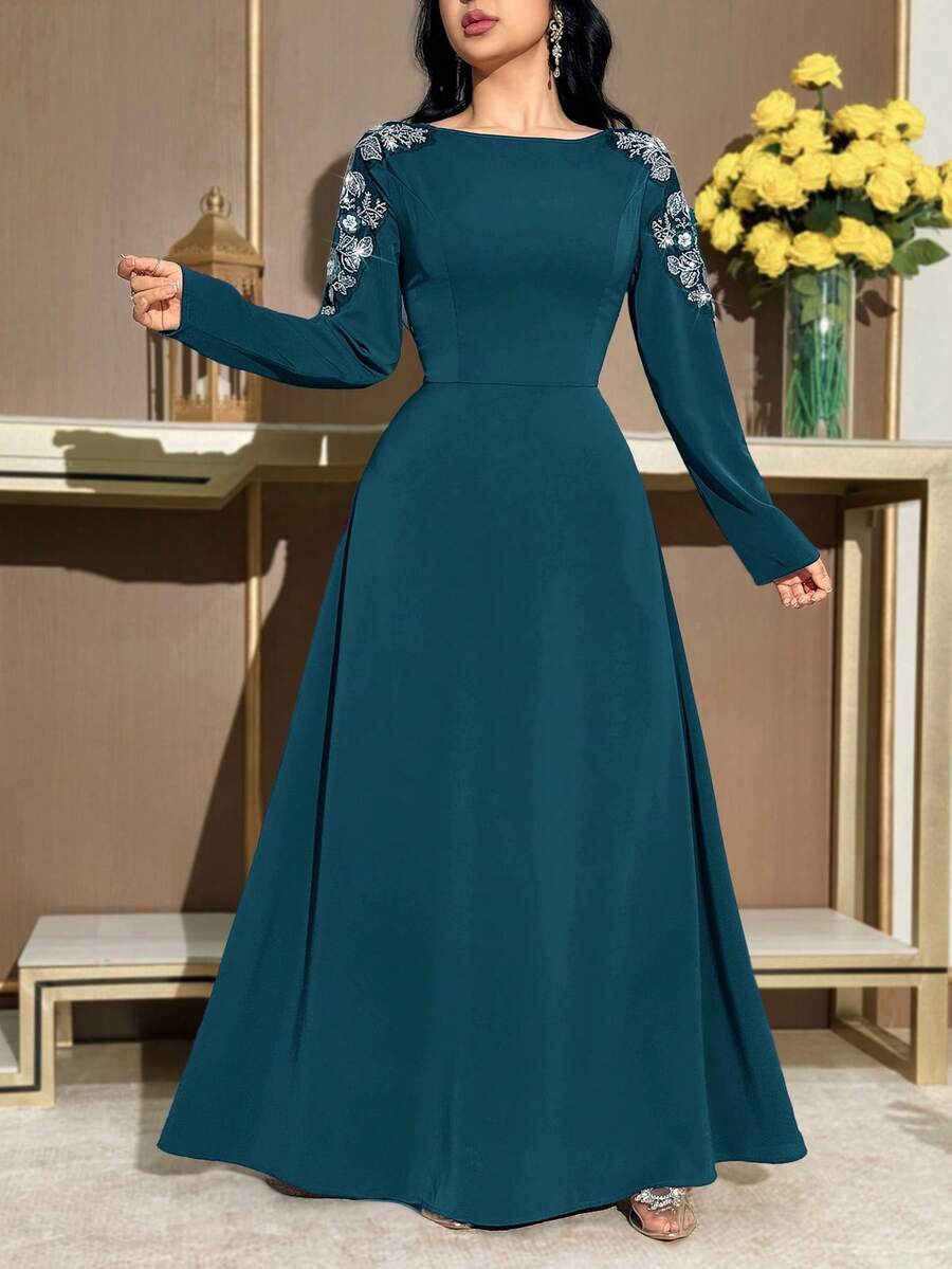 Modelyn 女士优雅派对礼服,饰有亮片、珠饰和收腰设计,适合春秋季穿着。 - 水鴨藍 - 查看 1