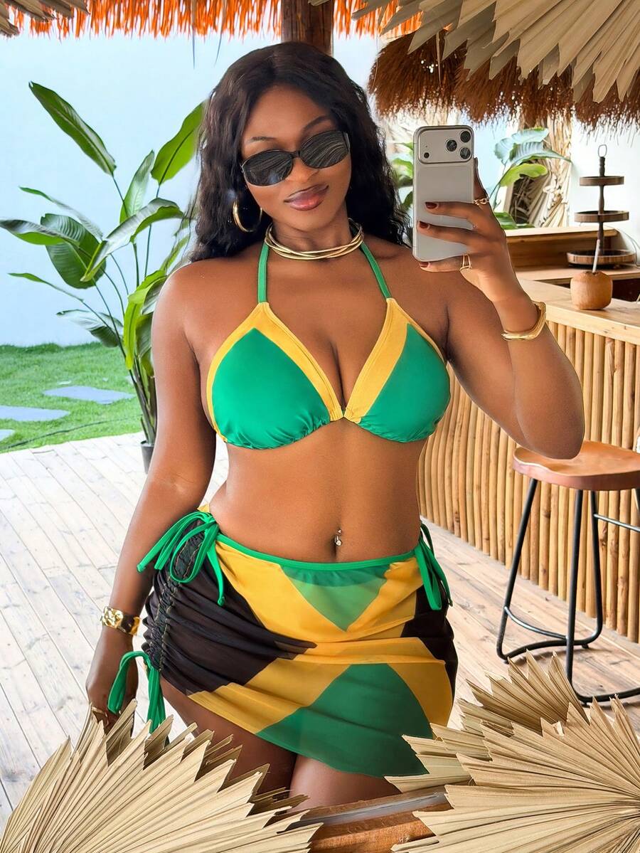 Slaydiva Plus Size Women's 3 Pieces Set, Solid Color, Color Block, Multi-Color Placement Print, Fashion Vacation Casual Sexy 2026 New Triangle Cup High Waist Triangle Panty Semi-Sheer Mesh Sarong Halter Tie Bow Bestselling Bikini Swimwear - Multicolor - View 1