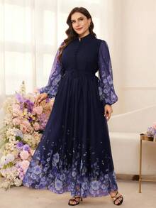 Modelyn 女士印花网纱长袖A字收腰浪漫度假优雅大码连衣裙 - 藍色 - 查看 5