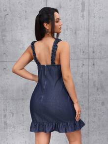 SHEIN Tall 女士打结褶皱牛仔连衣裙，时尚百搭，适合约会和派对 - 藍色 - 查看 2