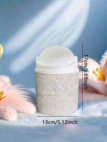 1PC Diamond-Encrusted Trash Can, Suitable For Dressing Table, Bedroom And Study, With A Rotating Lid Design For Desktop Use. - Multicolor - View 8