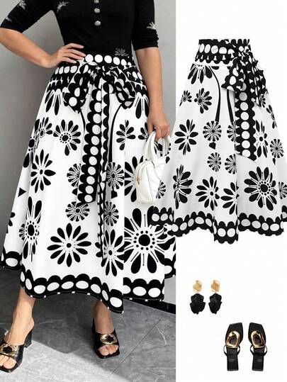 GlowEve CURVE Plus Size Women's Black & White Floral Print Elegant A-Line Skirt, Elastic Waist High Tolerance, Suitable For Work And Casual Wear