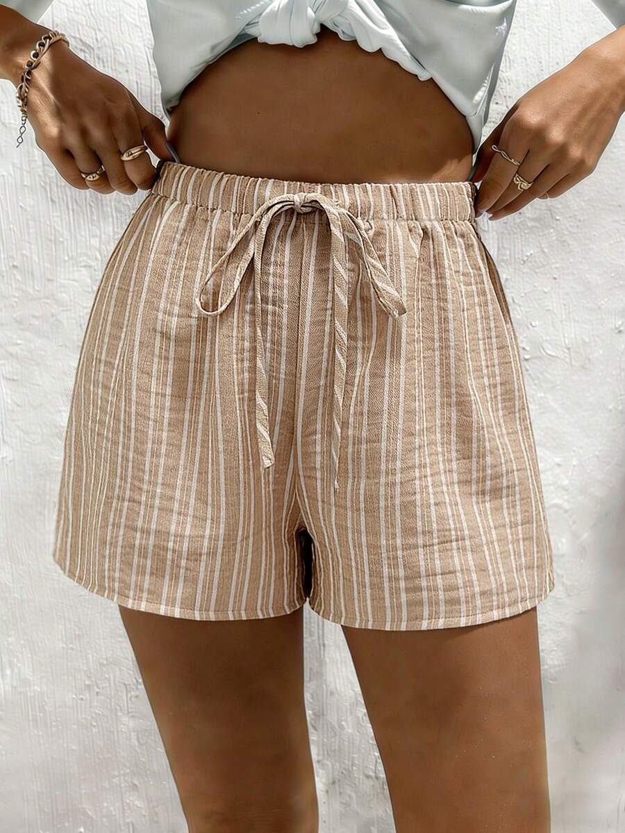 INAWLY Quần short nữ kẻ sọc thắt eo kiểu dáng thường ngày - Nhiều màu - Xem 1