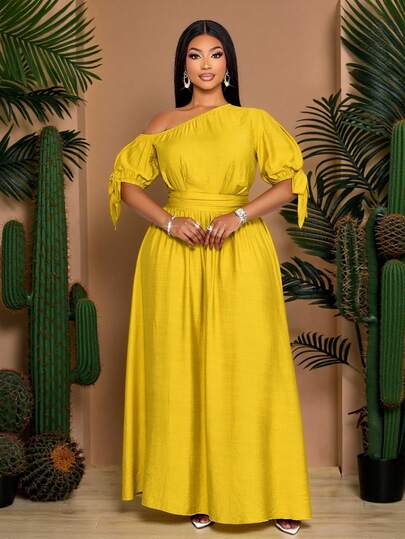 SOLERSUN Vestido de tela similar al lino de unicolor con pliegues en el hombro, manga de globo irregular, lazo en el hombro y cintura elástica, elegante, casual, sexy, estilo de vacaciones, playa, viaje, moda casual de todos los días para mujer de talla grande para y verano