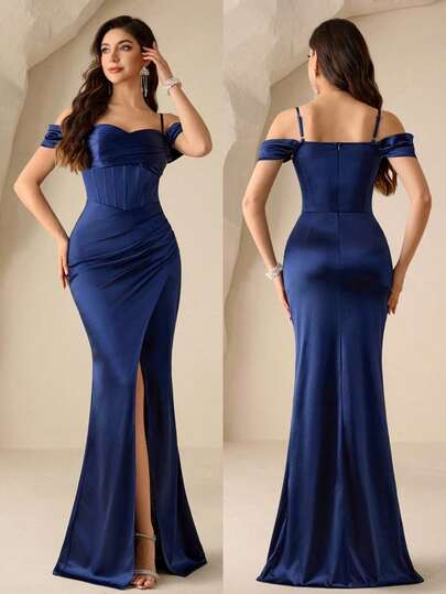Coutiva Women's Elegant Solid Color Pleated Split Formal Evening Gown Dress, Summer Navy Blue Satin Off-Shoulder Corset Mermaid Evening Gown Modest Ruched Waist High Slit Formal Dress Easter Gala Elegant Satin Corset Gown Prom & Graduation Navy Mermaid Formal Gown Premium Smooth Satin Fabric Evening Gown Elegant Off-Shoulder & High Slit Mermaid Silhouette Spring Wedding Guest Glam Outfit Date Night Glam Off-Shoulder Slit Dress Gala Event Formal Navy Evening Gown Cocktail Party Luxury Satin Corset Gown F