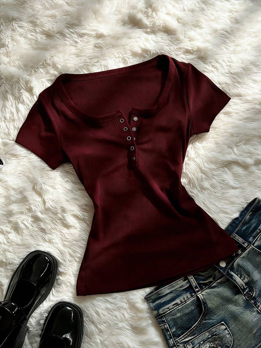 Glimmora 女士休闲酒红色短袖T恤，夏季 - 彩色 - 查看 1