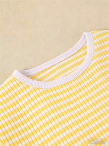 SHEIN 2件套 女童条纹圆领针织T恤和短裤 - 黃色 - 查看 5