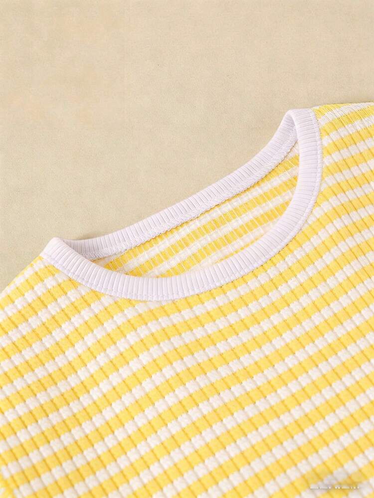 SHEIN 2件套 女童条纹圆领针织T恤和短裤 - 黃色 - 查看 5