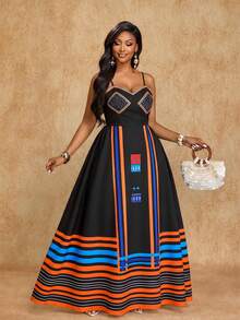 Brilight 女士时尚度假连衣裙，宽松A字廓形，条纹印花，波西米亚风格。适合婚礼季、节日、毕业季、情人节、派对等各种场合。春夏连衣裙。 - 黑色 - 查看 8