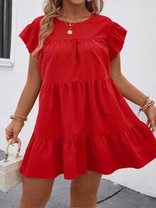 SHEIN PETITE CURVE Große Größen Damen Einfarbiges Rundhals Locker Babydoll Kleid, Rüschensaum, Urlaubs-Strandoutfit - Rot - Übersicht 4