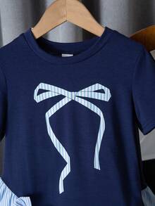 Young Girl Patchwork Striped Bow Decor Short Sleeve Cute Dress - Blue - View 4