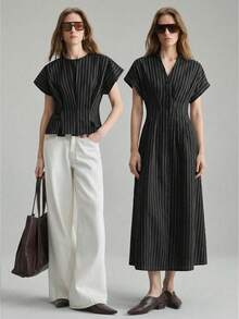 Ontre 女士梭织面料舒适宽松圆领落肩短袖褶裥前片设计做工现代都市休闲商务办公低调复古高品质优雅通勤机场时尚高端美丽圆领设计系列女士衬衫 - 黑色 - 查看 3